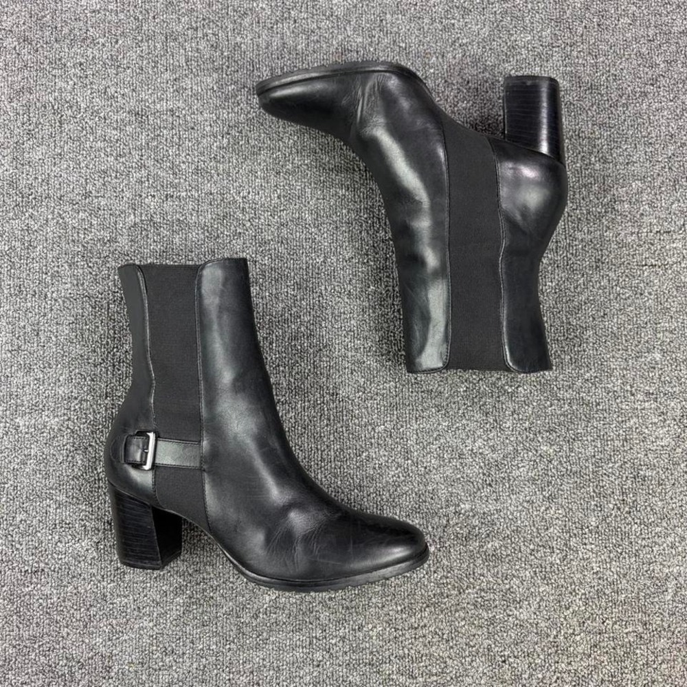 Cole Haan Black Leather Pull On Buckle Campus Heel Boots Women's Size 9 B